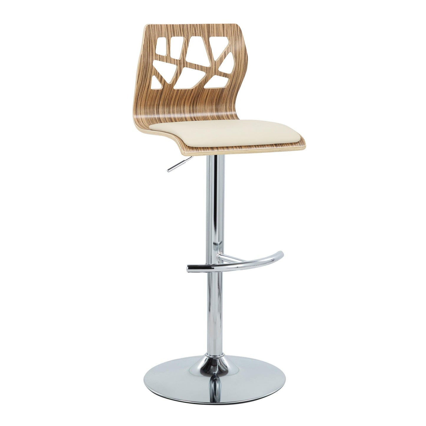 Folia - Mid-Century Modern Adjustable Barstool With Swivel With Rounded T Footrest (Set of 2) - Chrome / Zebra / Cream
