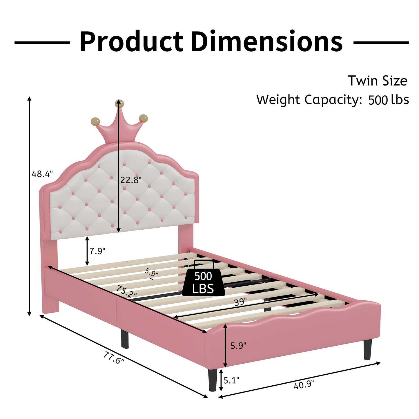 Twin Size Lovely Crown Fantasy Leather Princess Bed With Tufted Headboard - Pink / Cream