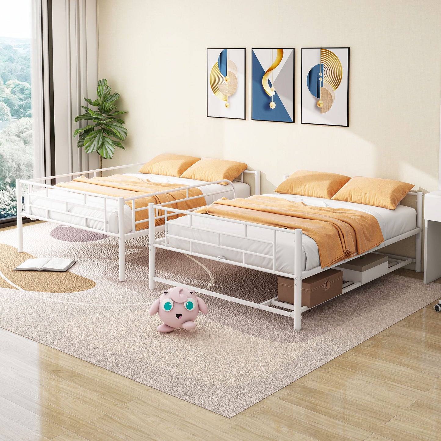 Full Over Full Bunk Bed With Shelf And Guardrails - White