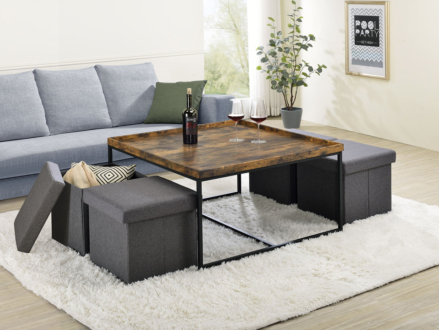 Vinny - Wood Grain 5 Piece Coffee Table Set With Raised Edges (Set of 5) - Weathered Oak
