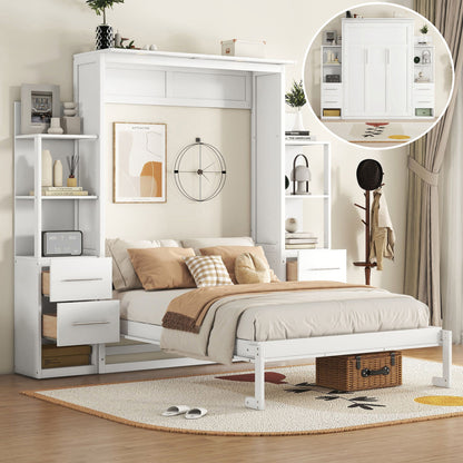 Full Size Murphy Wall Bed With Shelves, Drawers And LED Lights - White