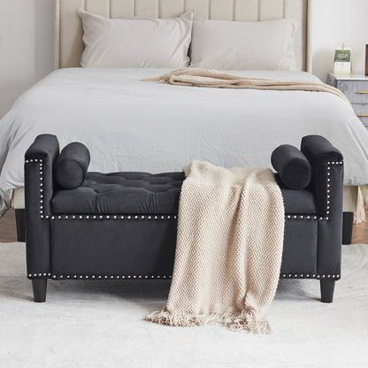 Storage Bench, Queen Velvet Button Bedside Bench, Entryway Living Room With Armrests, Nailhead Trim, Upholstered Bedroom Bench, Bedside Ottoman, Living Room, Entryway - Black