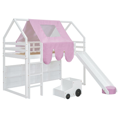 Twin Size Charming House Shaped Loft Bed With Tent And Slide - White / Pink