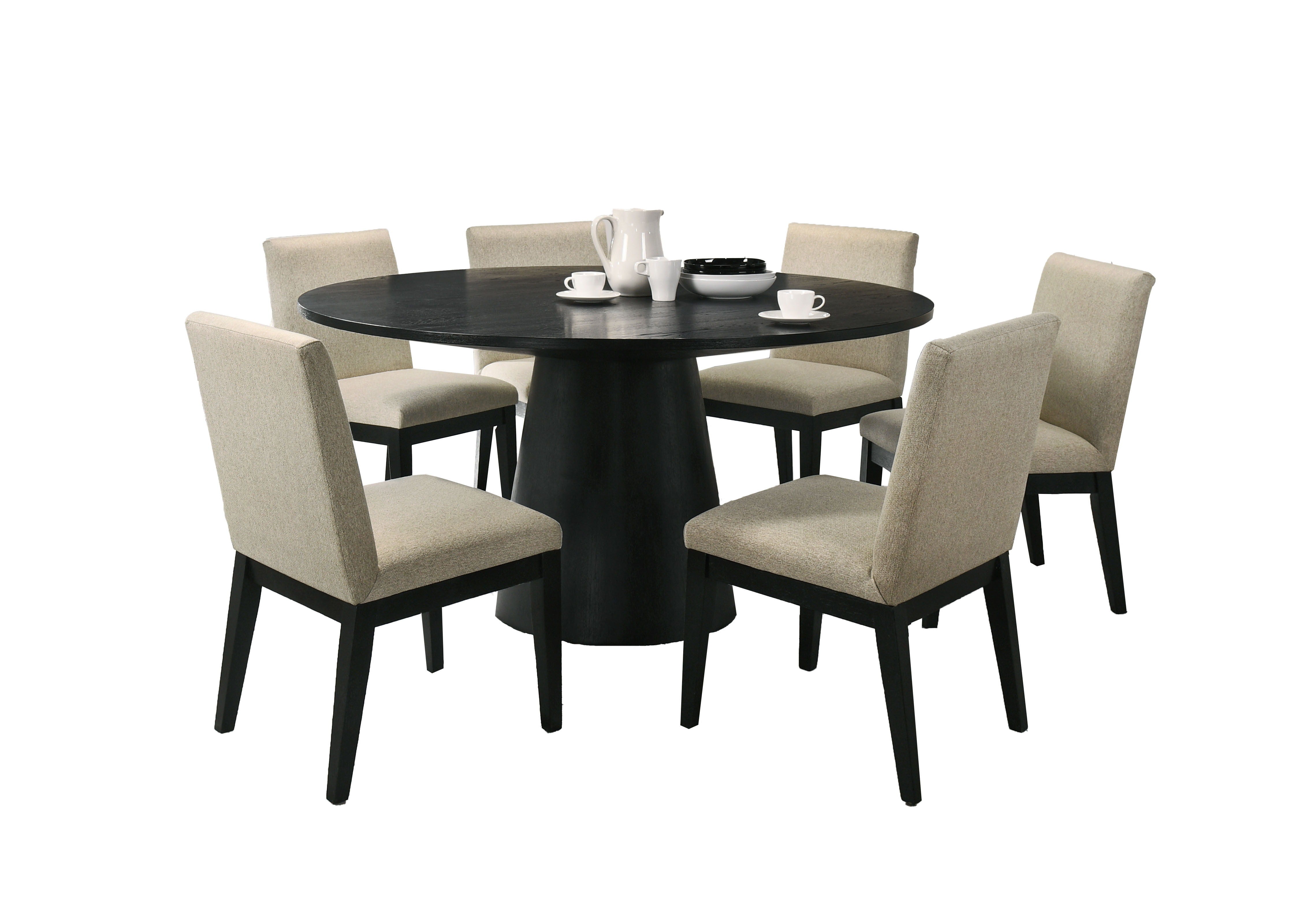 Jasper - 7 Piece Round Dining Table Set With Beige Fabric Chairs - Ebony Black
