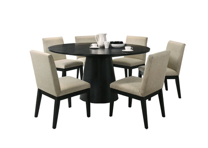 Jasper - 7 Piece Round Dining Table Set With Beige Fabric Chairs - Ebony Black