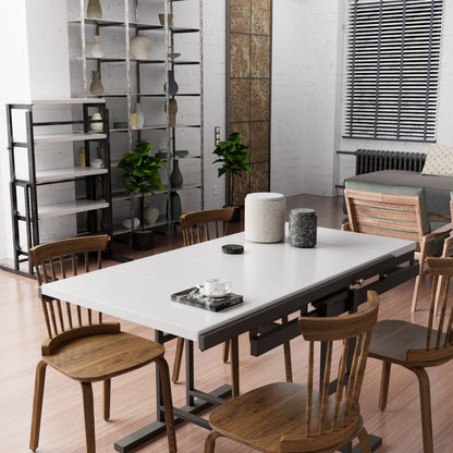 Solid Mahogany Wood Multifunction Convertible Dining Table, Free Switch Space Saving Table Shelf For Home And Studio - White