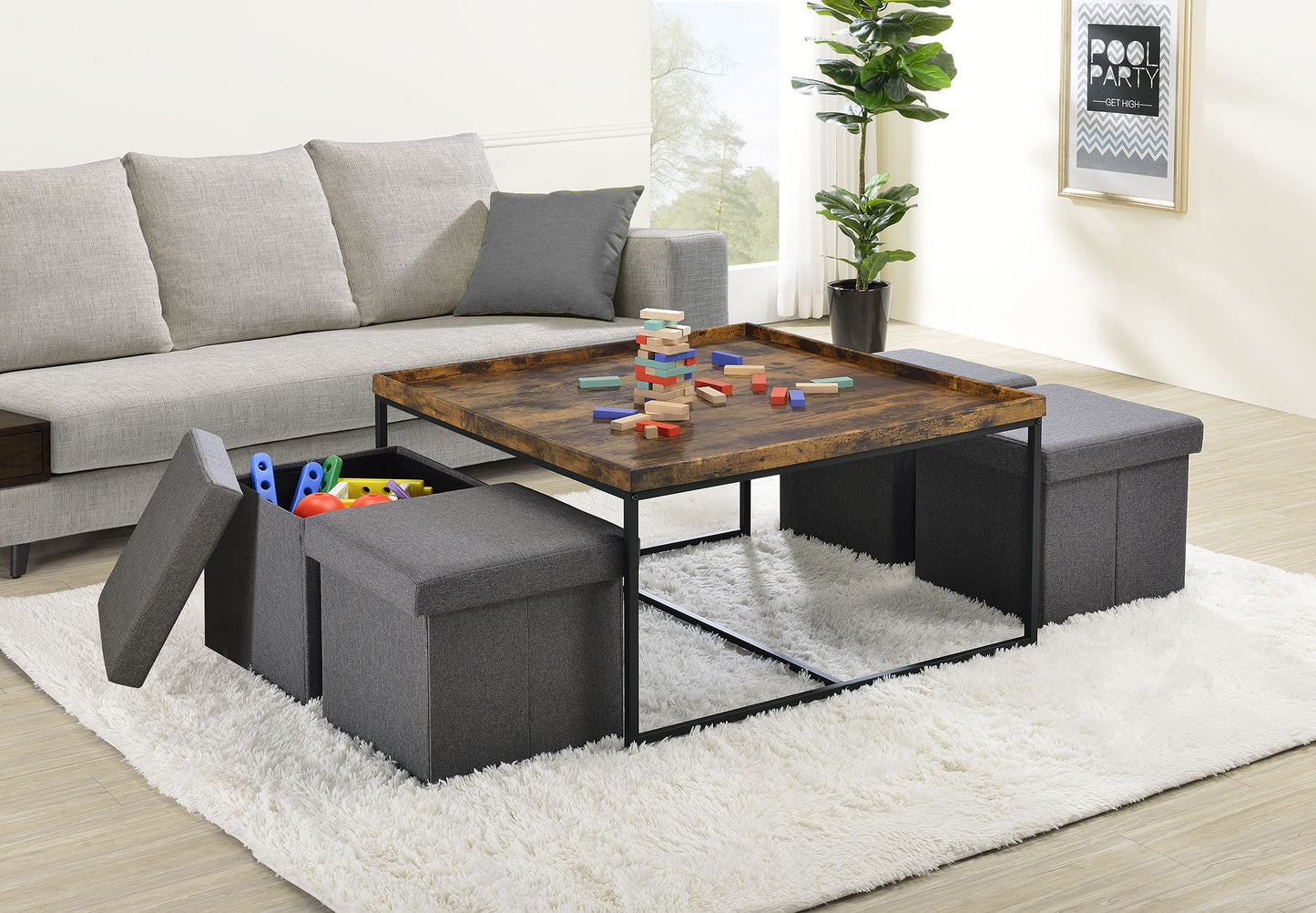 Vinny - Wood Grain 5 Piece Coffee Table Set With Raised Edges (Set of 5) - Weathered Oak