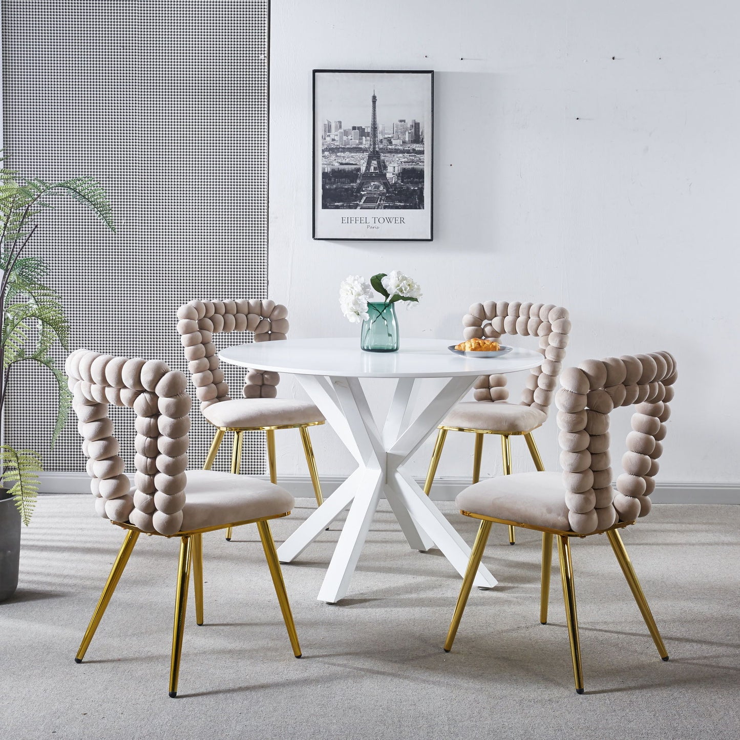Modern Chair With Iron Tube Legs, Soft Cushions And Comfortable Backrest, Suitable For Dining Room, Living Room, Cafe, Hairball Back (Set of 4) - White / Gold