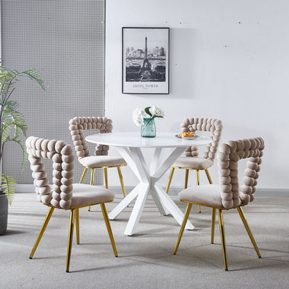 Modern Chair With Iron Tube Legs, Soft Cushions And Comfortable Backrest, Suitable For Dining Room, Living Room, Cafe, Hairball Back (Set of 4) - White / Gold