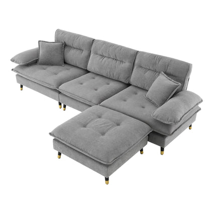 L Shaped Convertible Sectional Sofa 4 Seat Tufted Couch Set With Two Tone Adjust Legs Cloud Movable Ottoman - Gray