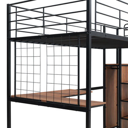 Twin Size Loft Bed With Desk And Grid, Stylish Frame With Lateral Storage Ladder And Wardrobe - Black