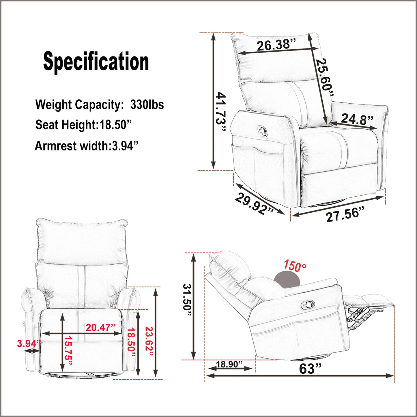 Rocking Recliner Chair, 360 Degree Swivel Nursery Rocking Chair, Glider Chair, Modern Small Rocking Swivel Recliner Chair For Bedroom, Living Room Chair Home Theater Seat, Side Pocket - Light Gray