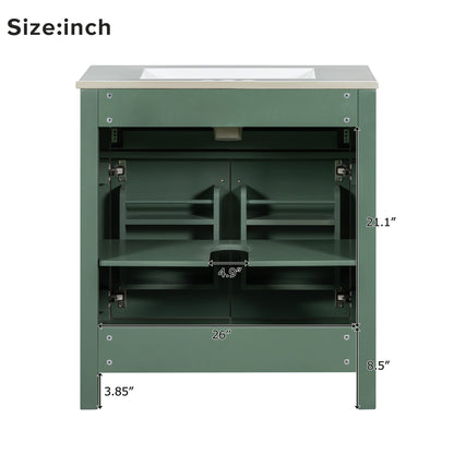 Bathroom Vanity With Ceramic Sink, Modern Single Bathroom Cabinet With 2 Doors And A Shelf, Soft Close Doors - Green
