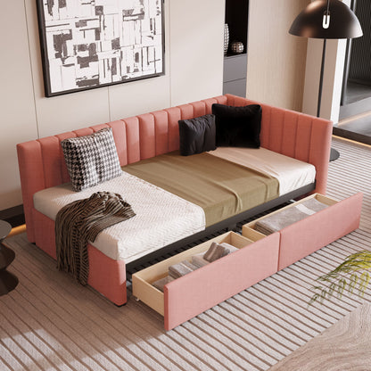Twin Size Upholstered Daybed With 2 Storage Drawers, Sofa Bed Frame No Box Spring Needed - Pink
