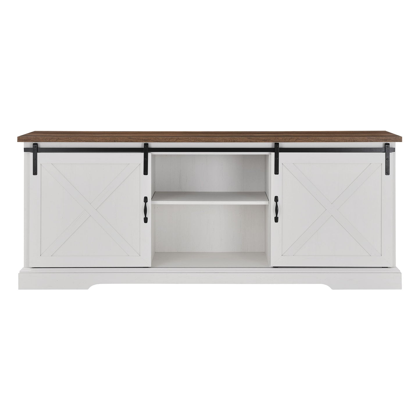 Farmhouse Sliding X Barn Door 70" TV Stand For 80" TVs - Rustic Oak / Brushed White