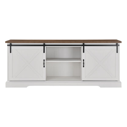 Farmhouse Sliding X Barn Door 70" TV Stand For 80" TVs - Rustic Oak / Brushed White