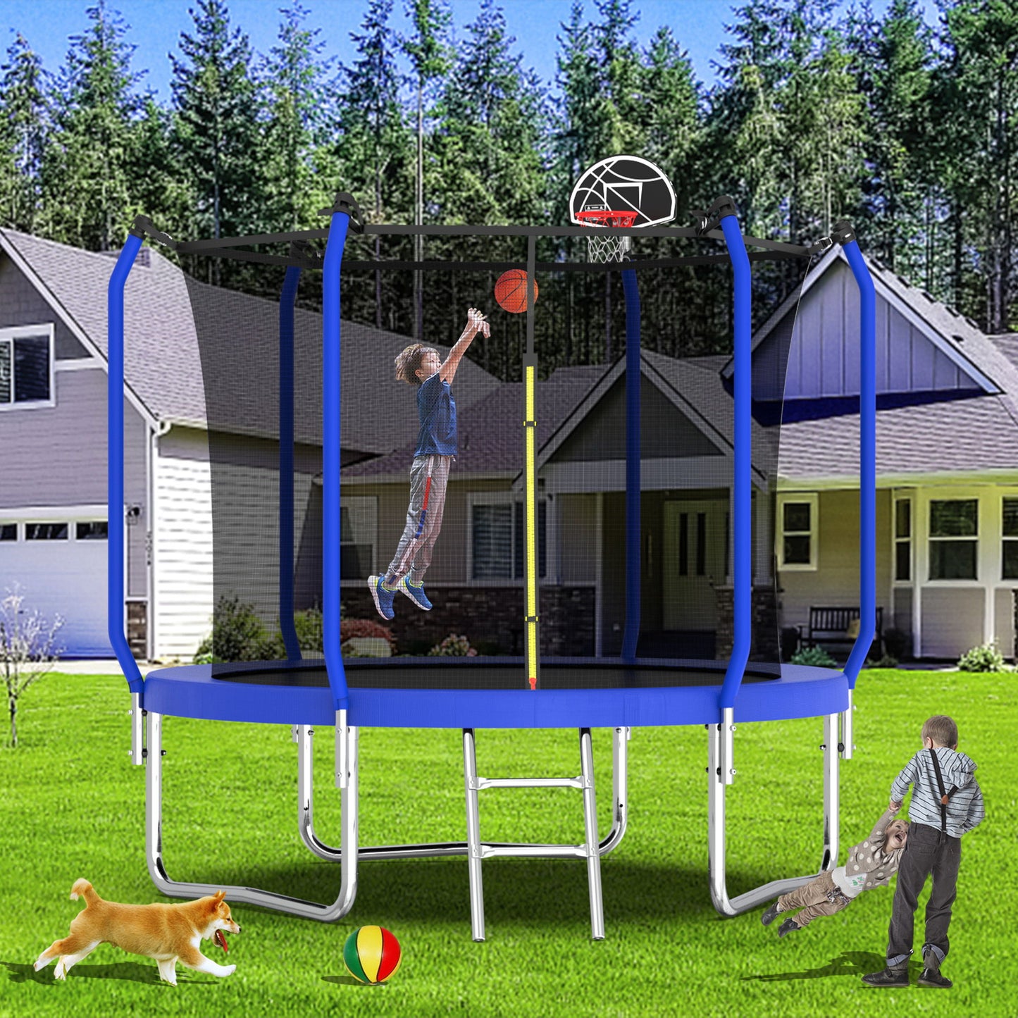 10' Trampoline With Basketball Hoop, Astm Approved Reinforced Type Outdoor Trampoline With Enclosure Net - Blue