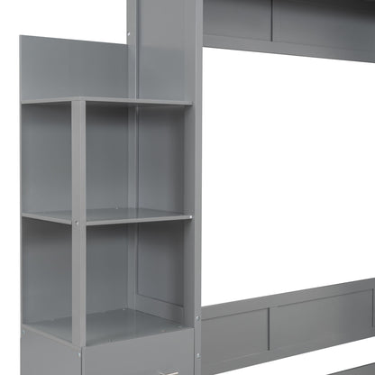 Full Size Murphy Wall Bed With Shelves, Drawers And LED Lights - Gray