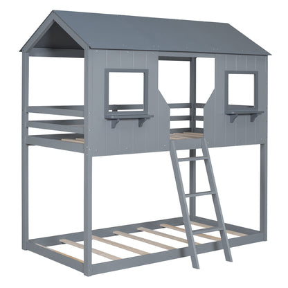 Twin Over Twin Bunk Bed With Roof, Window, Guardrail, Ladder - Gray