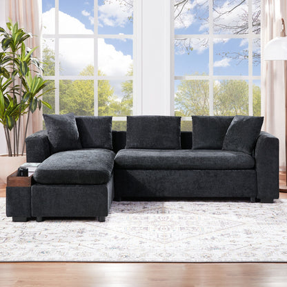Modern L Shaped Sectional Sofa With Chenille Upholstery And Wooden Storage - Black