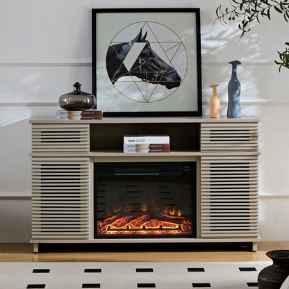 Modern Solid Wood Cabinet With Adjustable Shelves And Remote-Controlled Fireplace - Light Gray