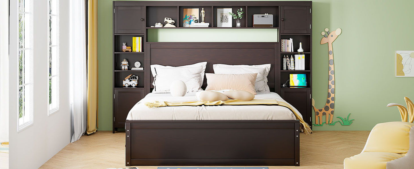 Queen Size Bed With All In One Cabinet, Shelf And Sockets, Twin Long Trundle - Espresso