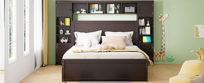 Queen Size Bed With All In One Cabinet, Shelf And Sockets, Twin Long Trundle - Espresso