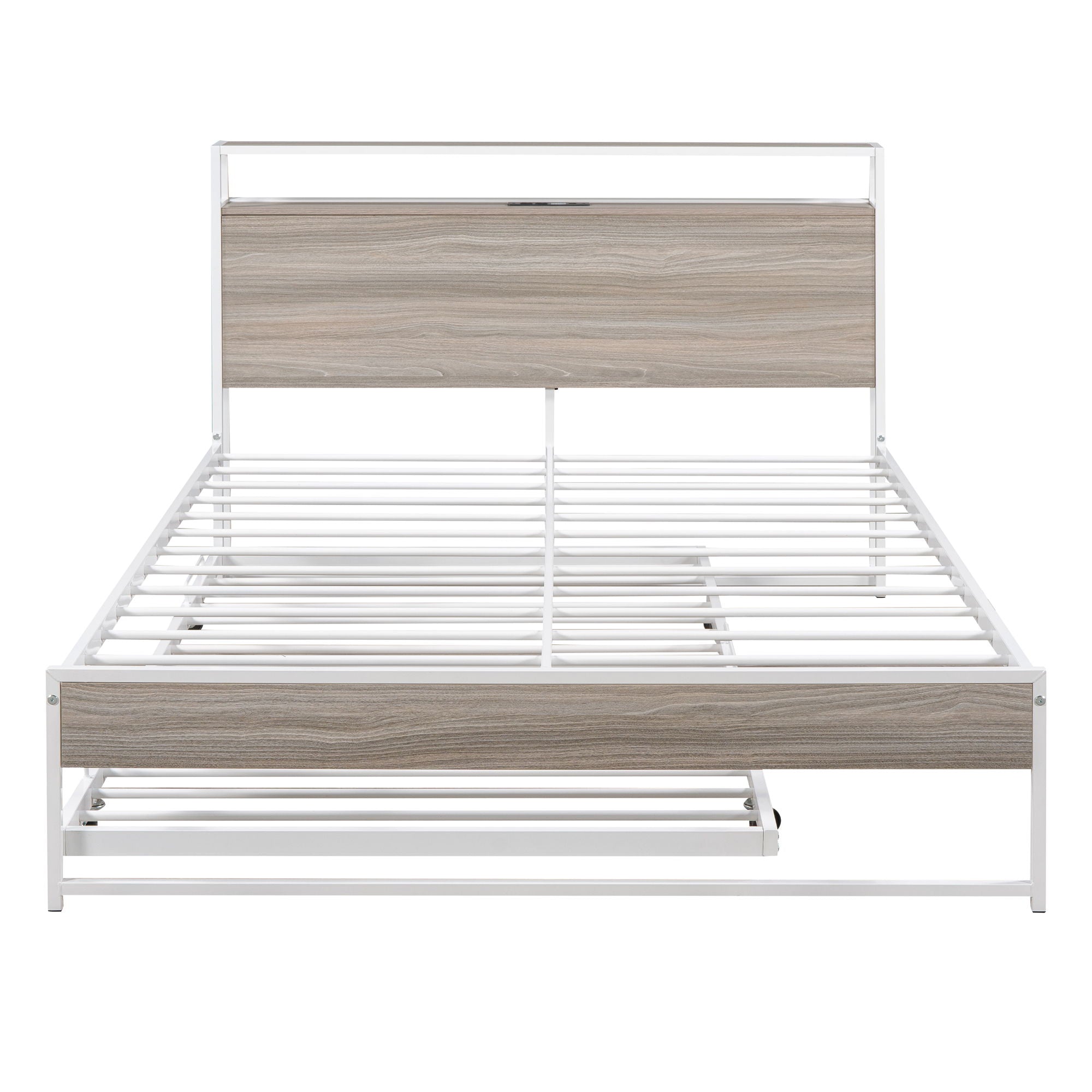 Full Size Platform Bed Frame With Trundle, USB Ports And Slat Support, No Box Spring Needed - White
