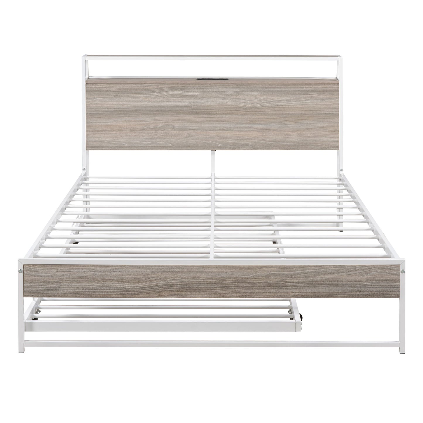 Full Size Platform Bed Frame With Trundle, USB Ports And Slat Support, No Box Spring Needed - White