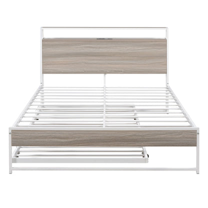 Full Size Platform Bed Frame With Trundle, USB Ports And Slat Support, No Box Spring Needed - White
