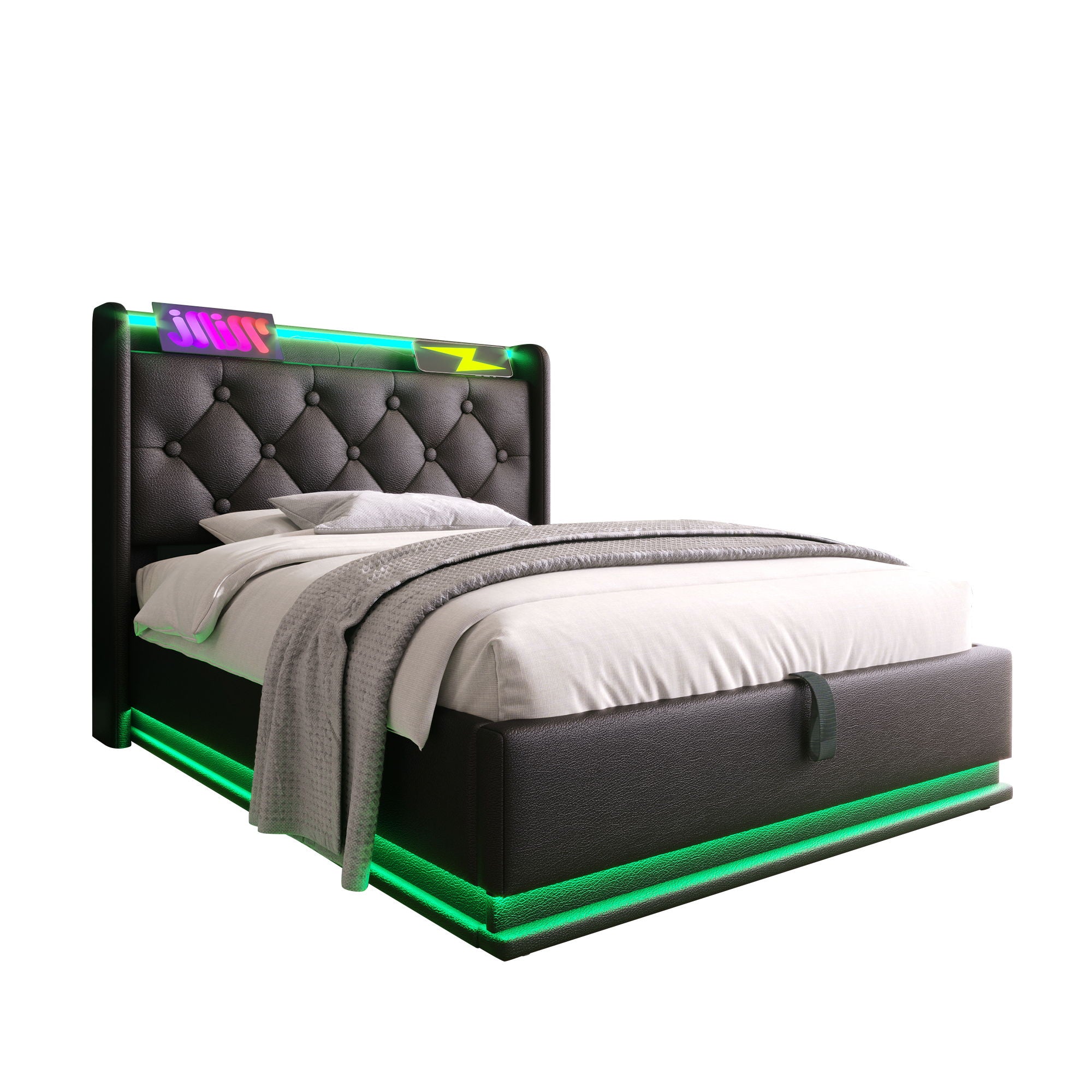 Twin Size Upholstered Bed, 360 Surround LED Function, Buttons / Apps / Remote Control, Hydraulic Storage Bed With USB Type-C Charging (Without Mattress) - Black