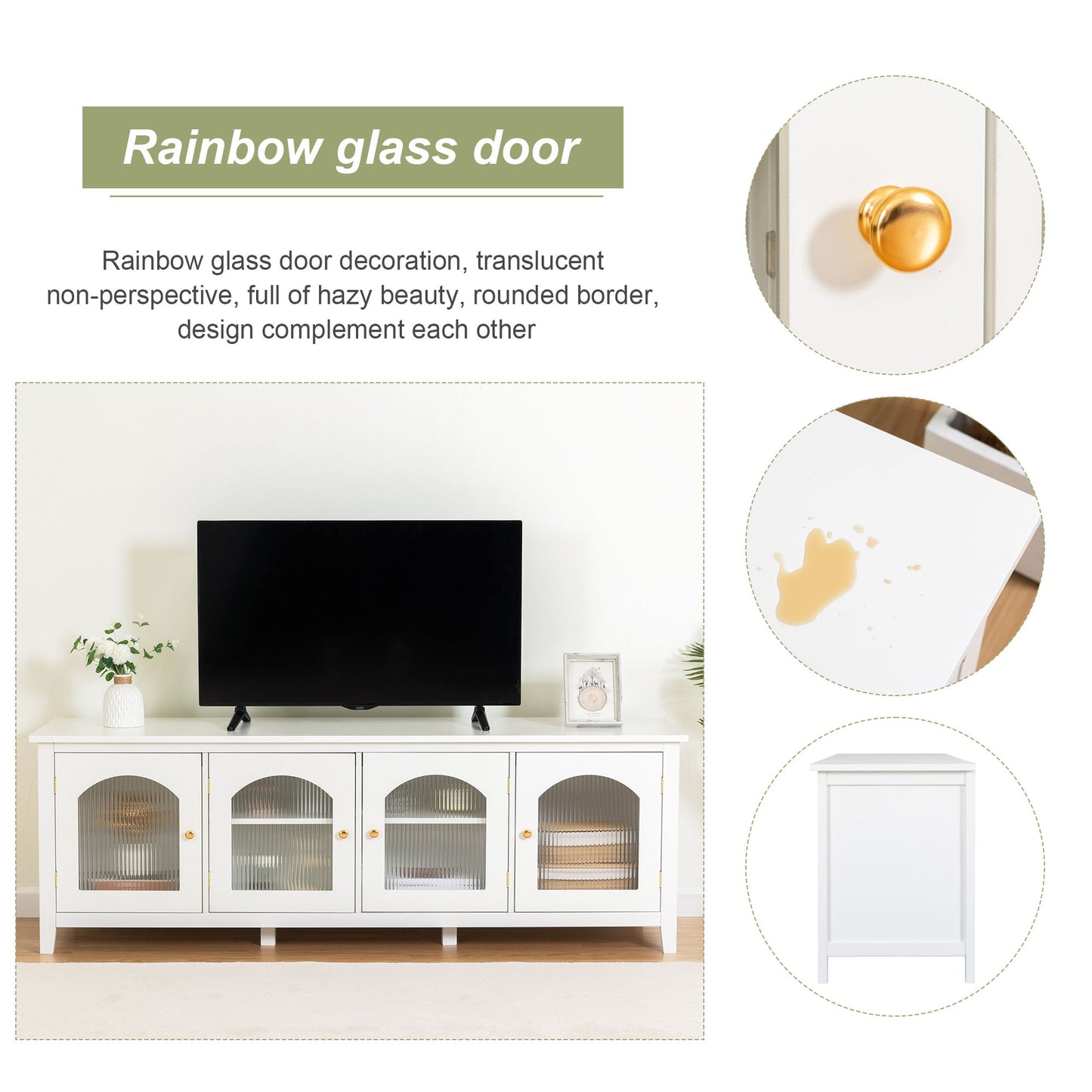 StylishTVcabinet, Entertainment CenterTV Stand, TVconsoletable, Media Console, Solidwood Frame, Changhong Glass Door, Metal Handle - Antique White