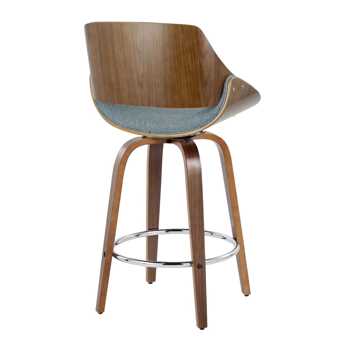 Fabrizzi - Mid-Century Modern Fixed Height Counter Stool With Swivel With Round Footrest (Set of 2) - Walnut / Blue