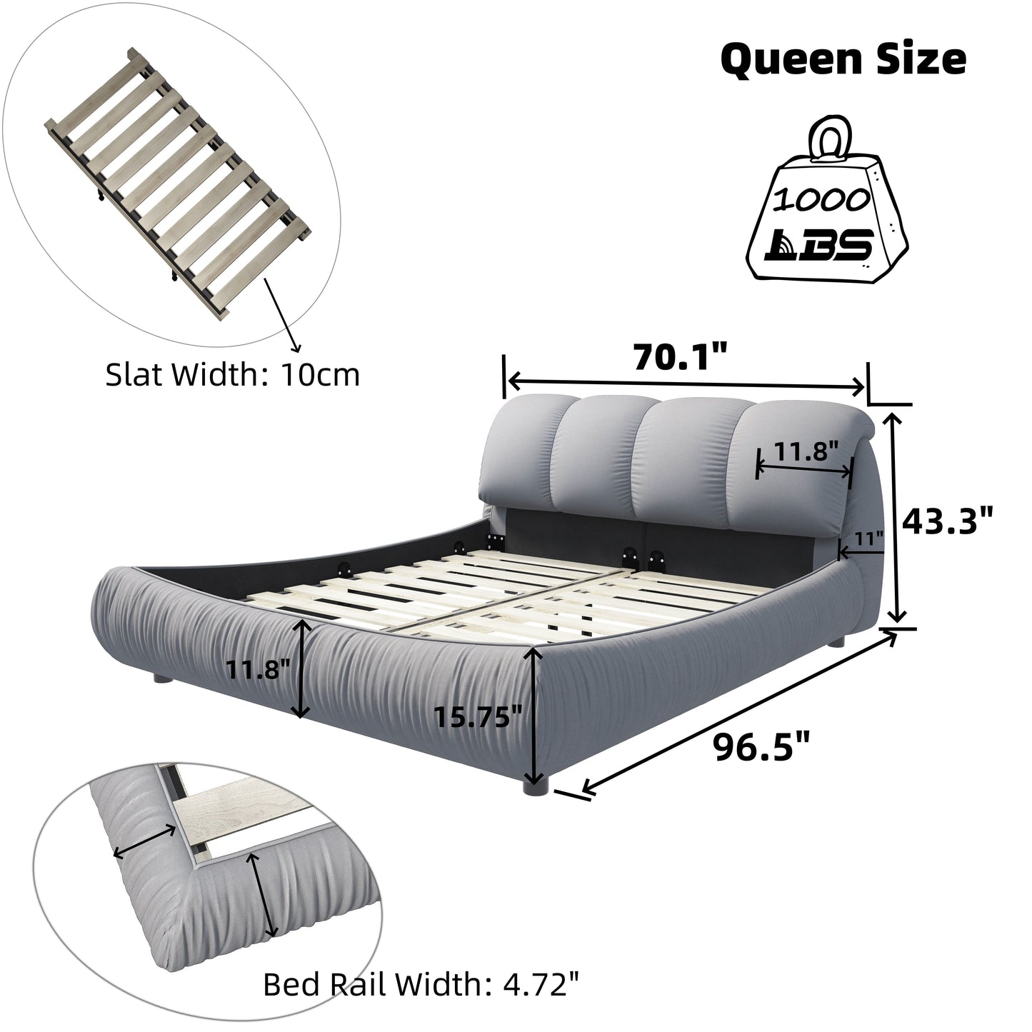 Queen Size Luxury Upholstered Platform Bed With Oversized Padded Backrest And Solid Wood Frame, Suitable For Multiple Heights Of Mattresses - Gray