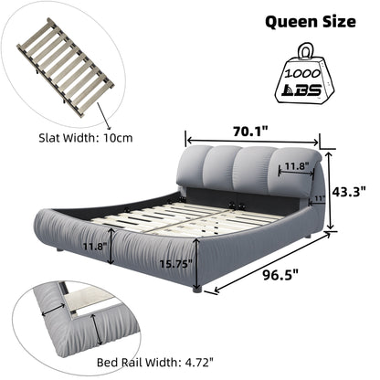 Queen Size Luxury Upholstered Platform Bed With Oversized Padded Backrest And Solid Wood Frame, Suitable For Multiple Heights Of Mattresses - Gray