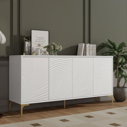 Multi Functional Storage Cabinet, 4 Door Sideboard With Unique Texture, Adjustable Shelves - White