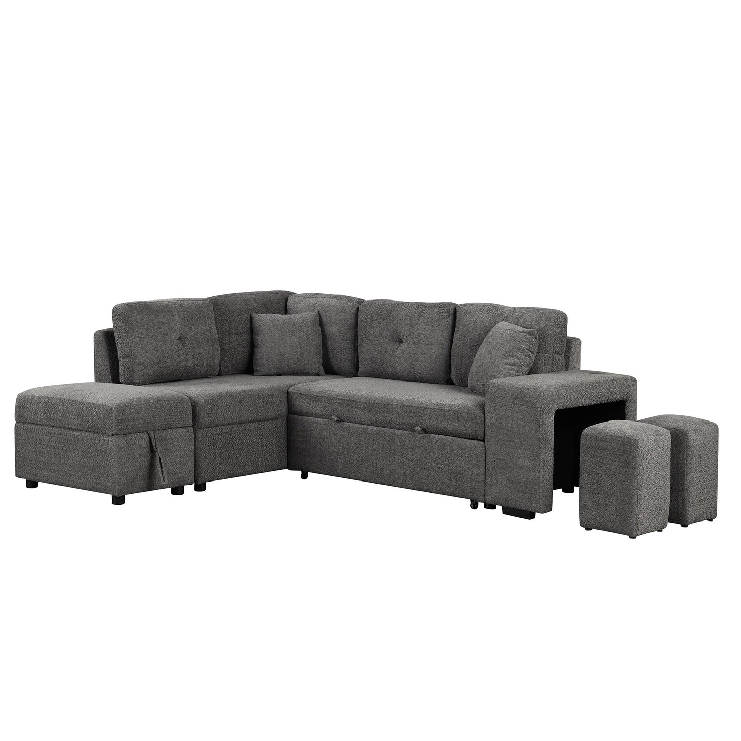 Convertible Sleeper, Sectional Pull Out Sofa Bed With Storage Ottoman, 2 Throw Pillows, 2 Stools, Wireless Charger And Two Hidden USB Ports For Living Room - Dark Gray