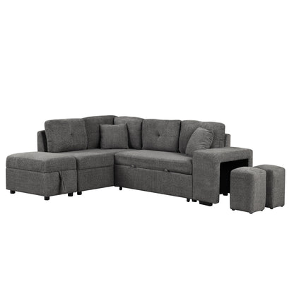 Convertible Sleeper, Sectional Pull Out Sofa Bed With Storage Ottoman, 2 Throw Pillows, 2 Stools, Wireless Charger And Two Hidden USB Ports For Living Room - Dark Gray
