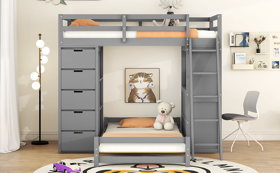Twin Over Twin Bunk Bed With LED Light And USB Ports - Gray