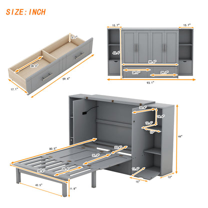 Queen Size Murphy Bed With Shelves, Drawers And USB Ports - Gray