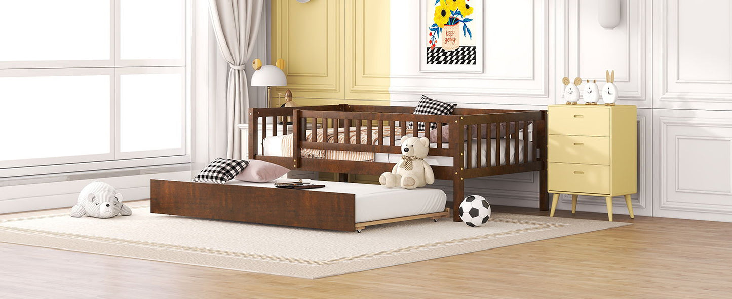 Twin Size Daybed With Trundle And Fence Guardrails - Walnut