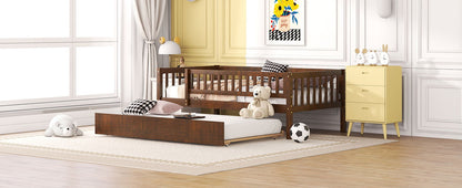 Twin Size Daybed With Trundle And Fence Guardrails - Walnut