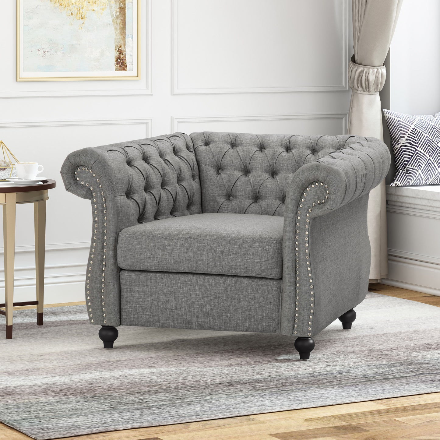 Nexuson - Upholstered Fabric Chesterfield Chair With Deep Tufted And Nailhead Trim - Dark Gray
