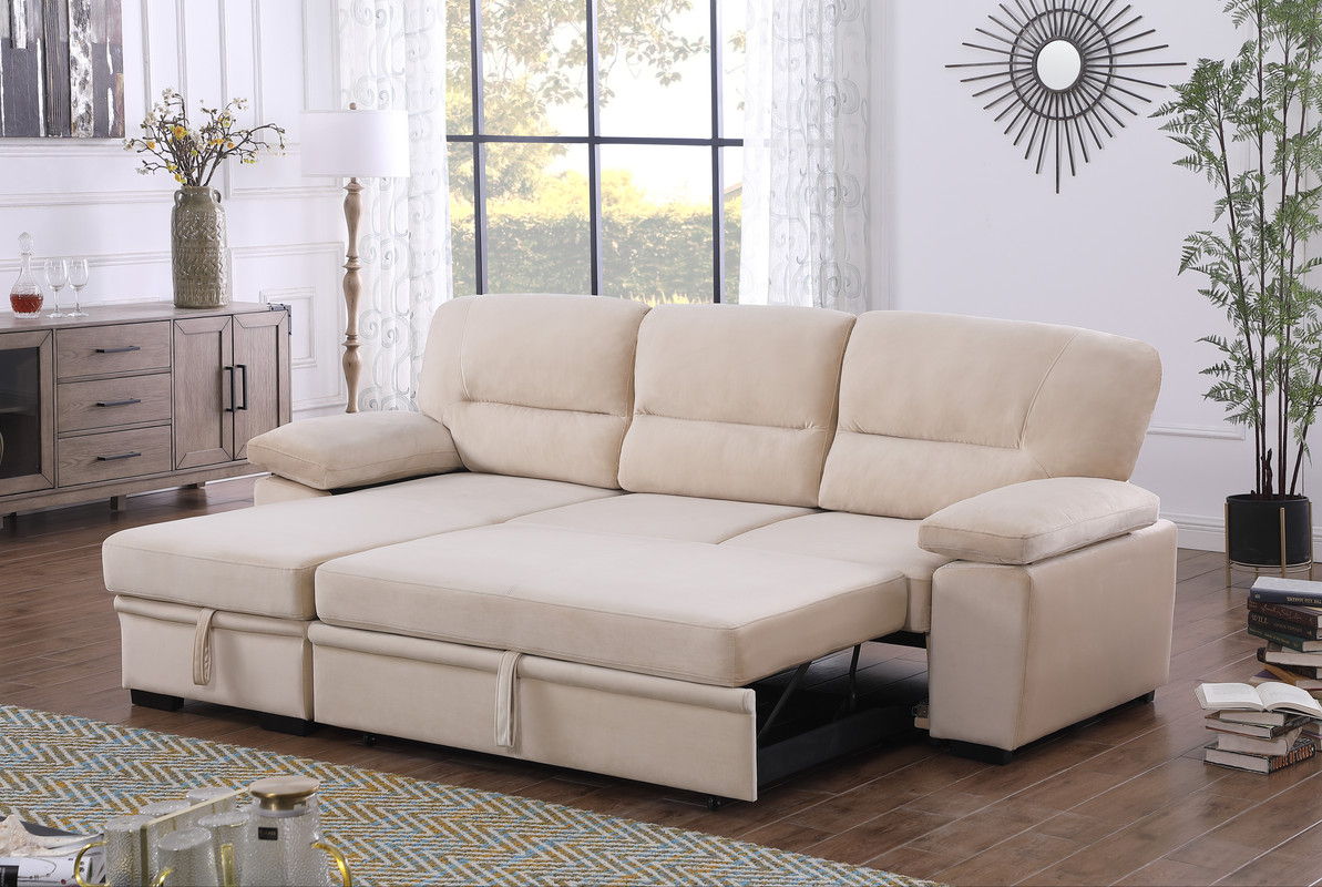 Kipling - Velvet Fabric Reversible Sleeper Sectional Sofa Chaise - Beige