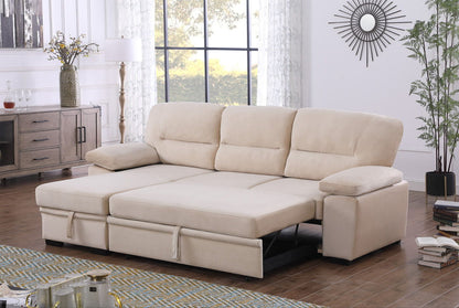 Kipling - Velvet Fabric Reversible Sleeper Sectional Sofa Chaise - Beige