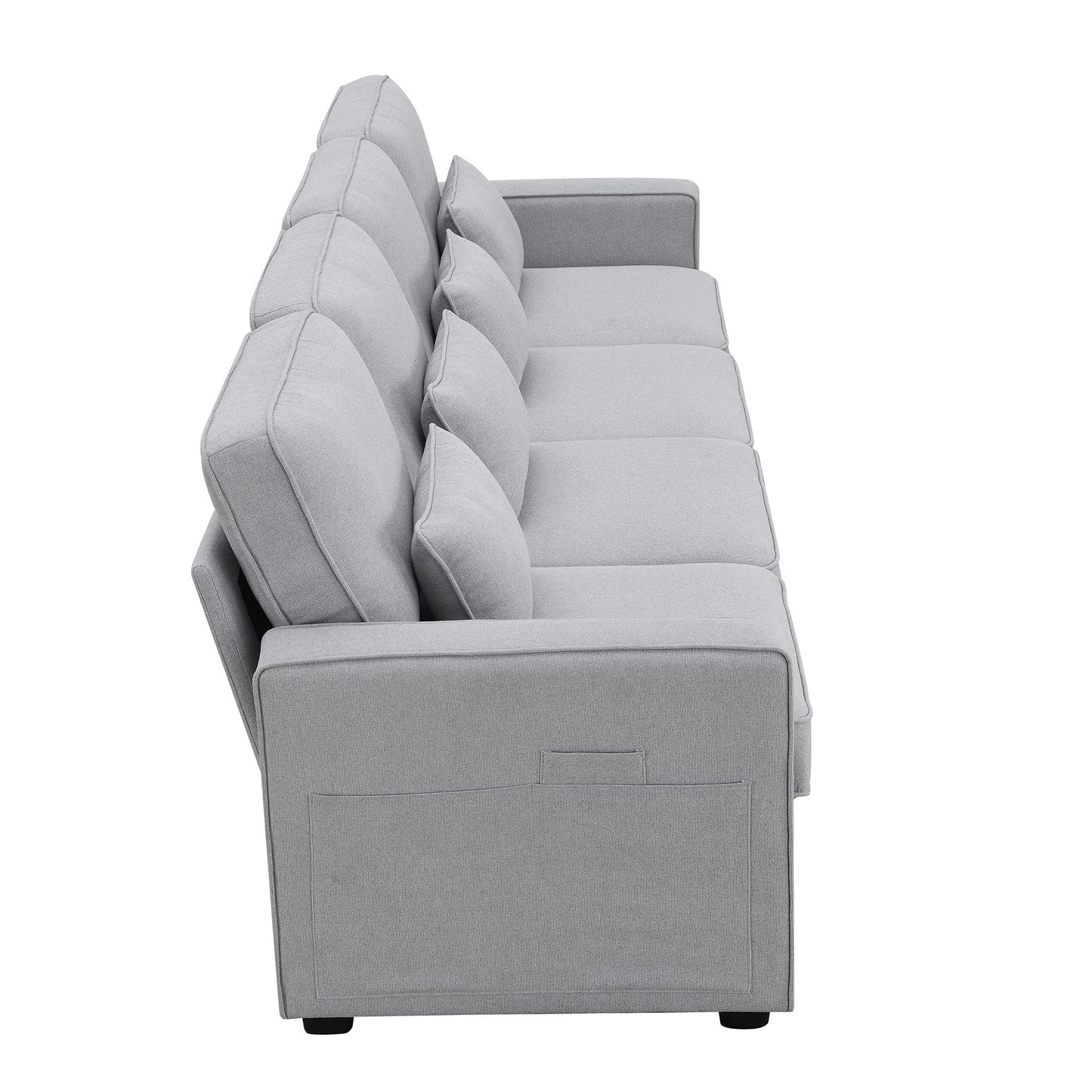 4 Seater Modern Linen Sofa With Armrest Pockets And 4 Pillows, Minimalist Style Couch - Light Gray