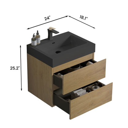 Alice - U090-Alice24W-106 Natural Oak Bathroom Vanity With Sink, Large Storage Wall Mounted Floating Bathroom Vanity For Modern Bathroom, One-Piece Black Sink Basin Without Drain - Light Oak