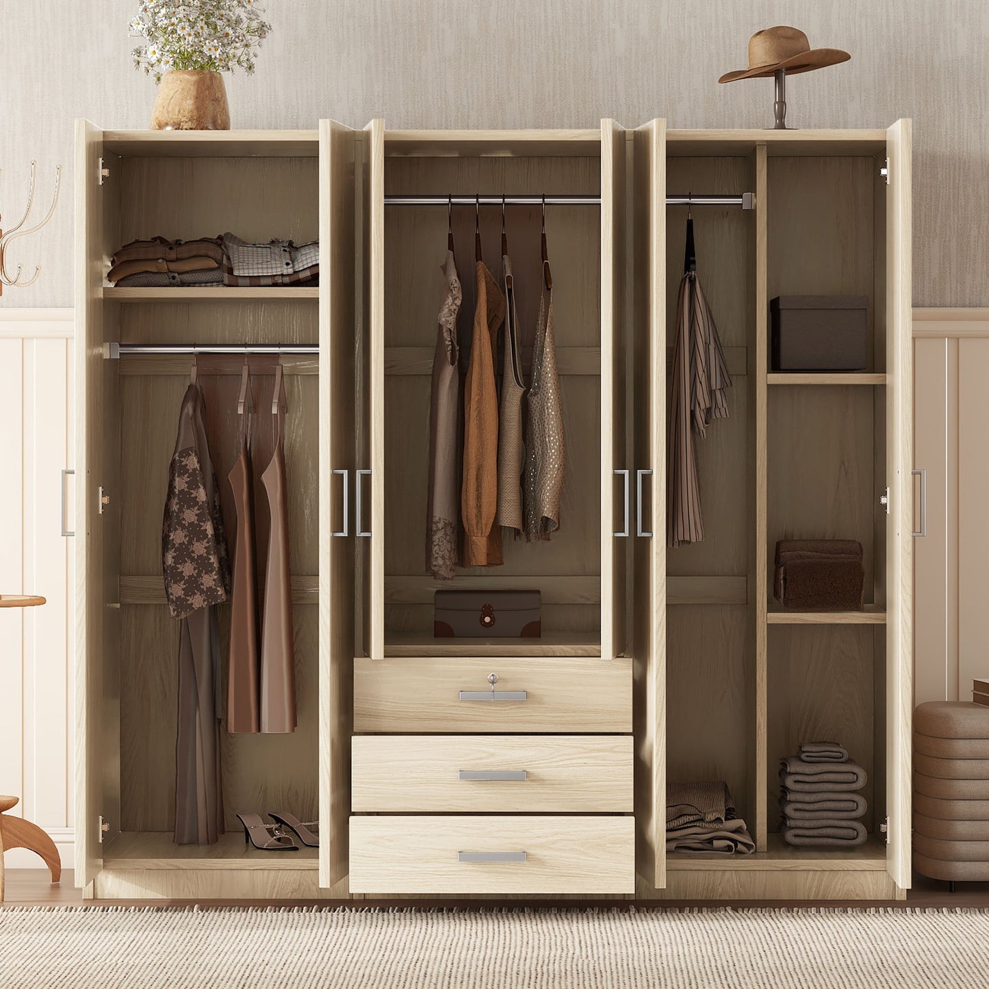 6 Doors Wardrobe Storage For Bedroom, With Big Drawers - Brown