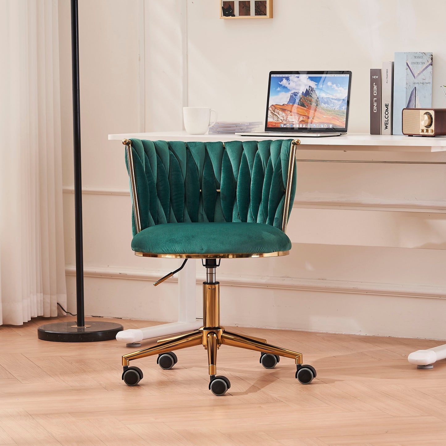 Office Desk Chair, Upholstered Home Office Desk Chairs With Adjustable Swivel Wheels, Ergonomic Office Chair For Living Room, Bedroom, Office, Vanity Study - Emerald