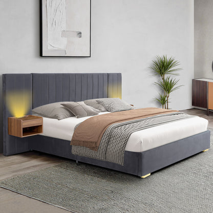 Upholstered Queen Size Bed Frame Of Velvet Tufted Headboard With Floating Nightstand LED / USB Built - Gray